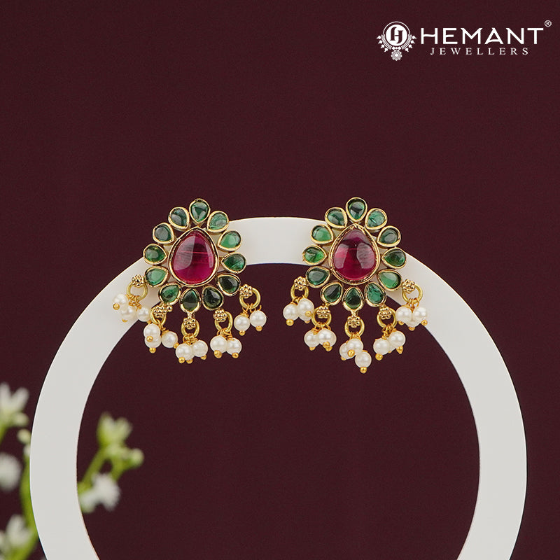 Antique Stone Stud Earrings with Pearl Drops – 4495-97