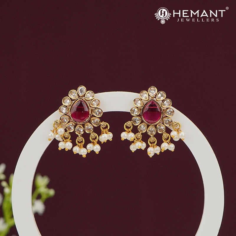 Antique Stone Stud Earrings with Pearl Drops – 4495-97