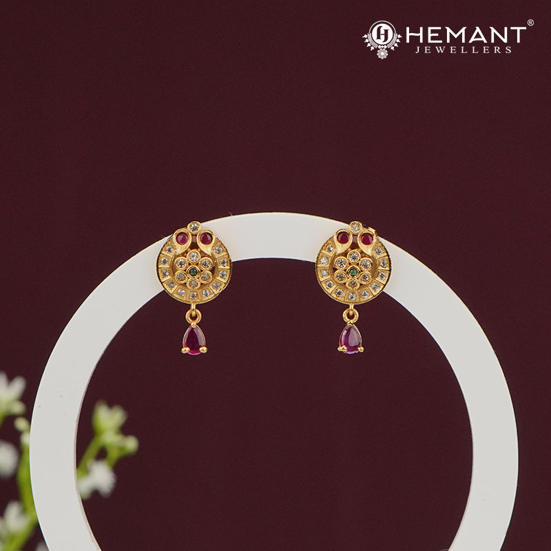 Circular Stone Stud Earrings with Ruby Drop – 4498
