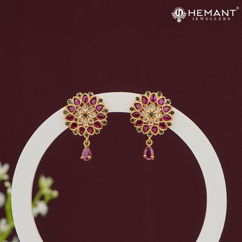 Floral Ruby Stud Earrings with Dangling Drop – 4499