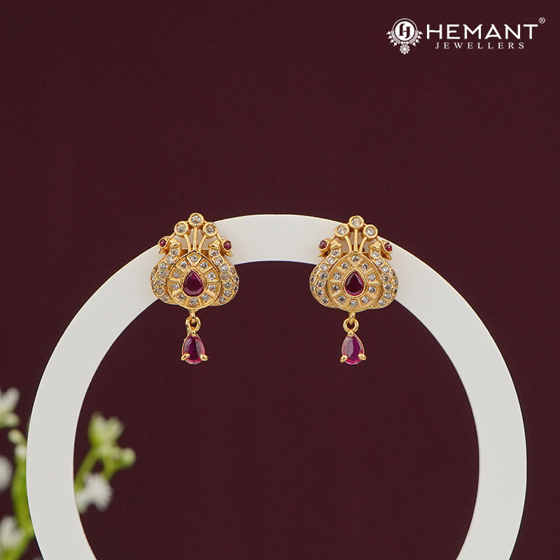 Sparkling Dome Stud Earrings with Ruby Drop – 4502-03