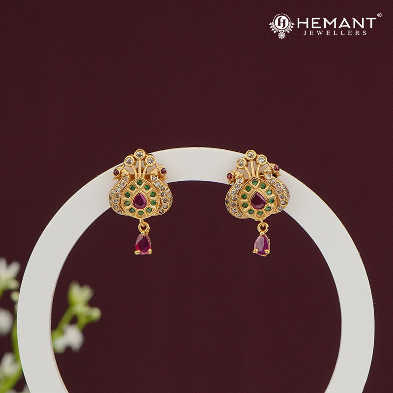 Sparkling Dome Stud Earrings with Ruby Drop – 4502-03
