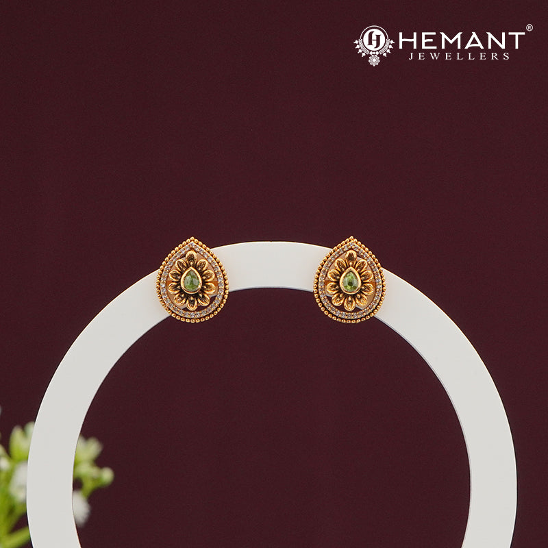 Teardrop Floral Antique Stud Earrings with Maroon Stone – 4520-21