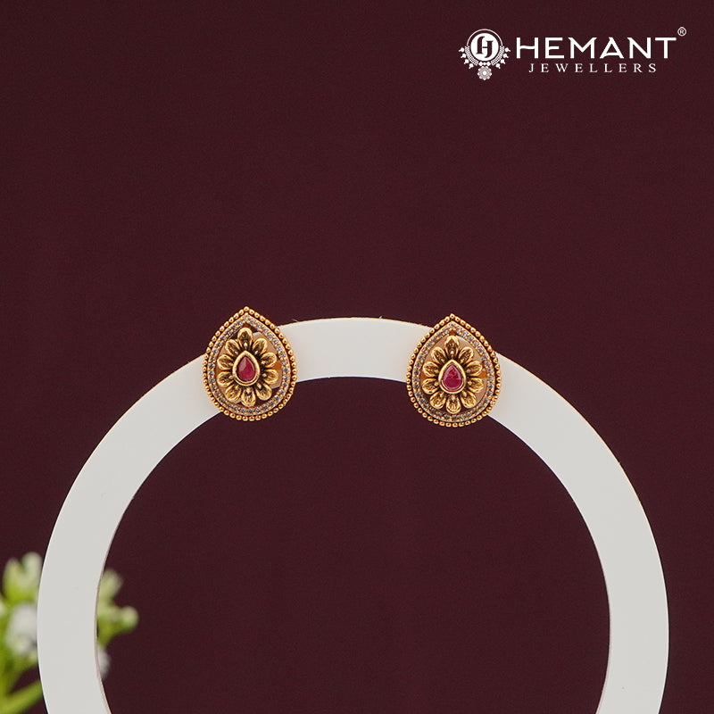 Teardrop Floral Antique Stud Earrings with Maroon Stone – 4520-21