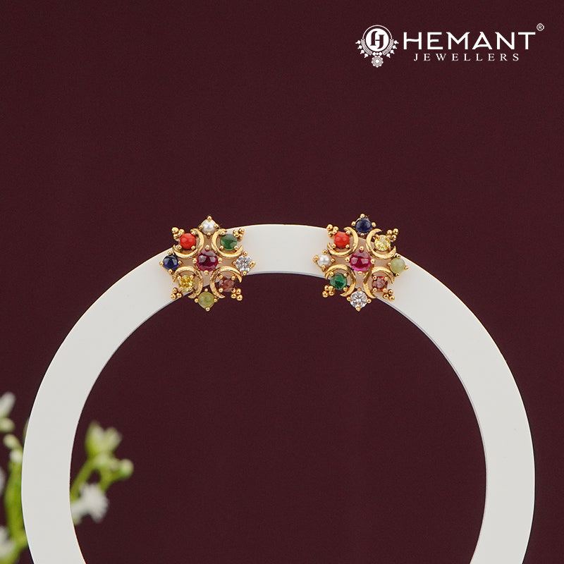 Navratna Stud Earrings with Multi-Stone Design – 4522-26