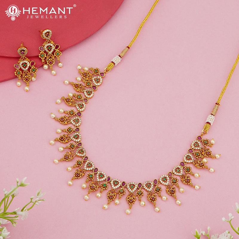 Floral Antique Necklace with Ruby-Green Stones & Pearl Drops – 4600