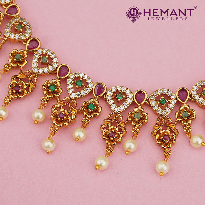 Floral Antique Necklace with Ruby-Green Stones & Pearl Drops – 4600