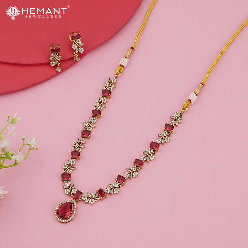 Elegant Ruby Stone Necklace Set with Crystal Leaf Detailing – 4601