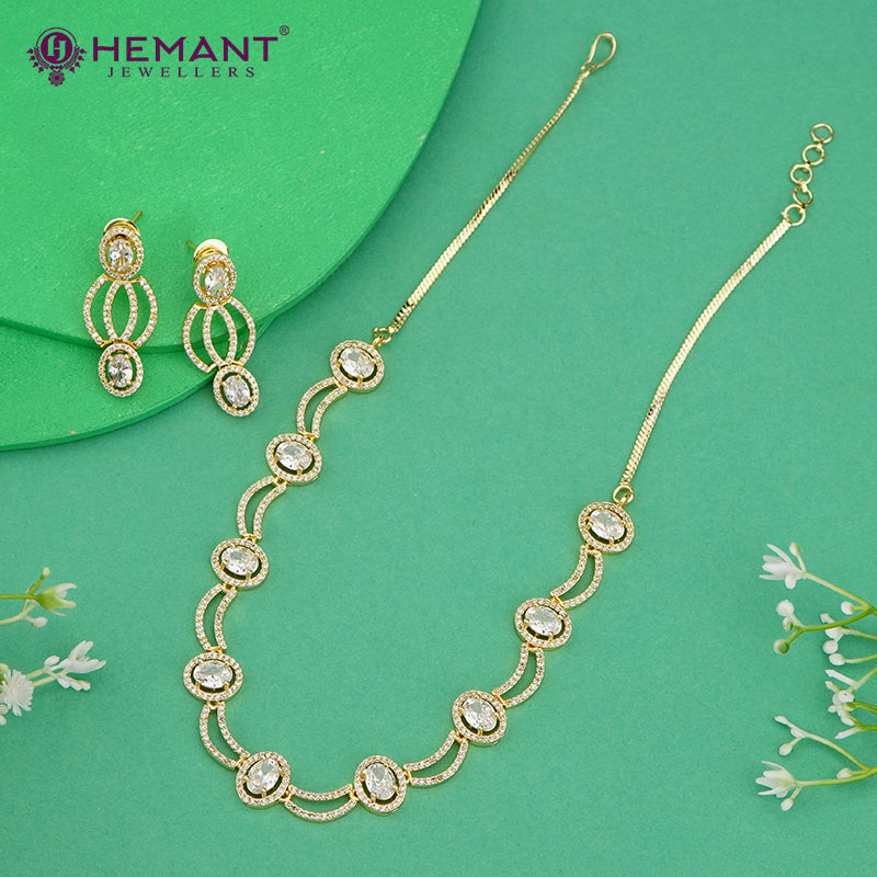 Elegant White Stone Linked Oval Necklace Set with Earrings – 4603