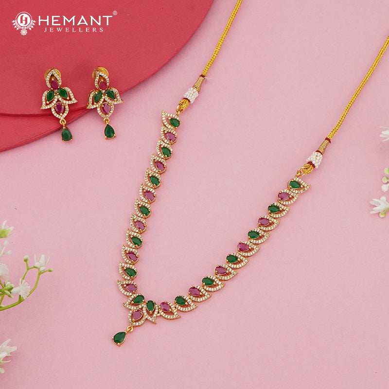 Antique-Finish Ruby-Green Teardrop Necklace Set with American Diamonds – 4604