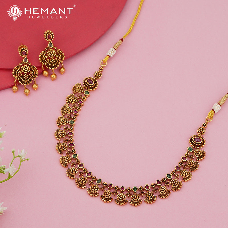 Antique Floral Necklace Set with Pear-Shaped Ruby-Green Stones – 4610