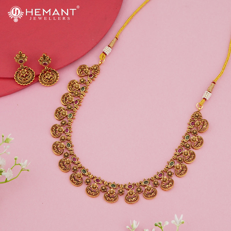 Antique Finish Coin Floral Necklace Set with Green-Ruby Stones – 4612