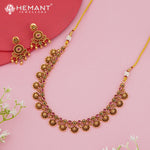 Antique Floral Lotus Necklace Set with Ruby-Green Stone Accents – 4615