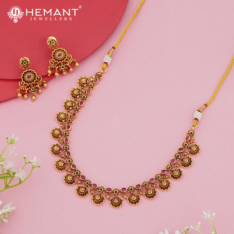 Antique Floral Lotus Necklace Set with Ruby-Green Stone Accents – 4615