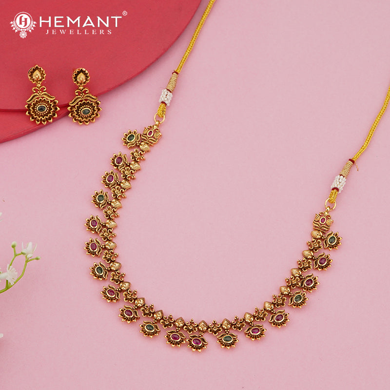 Antique Floral Lotus Necklace Set with Ruby-Green Stone Accents – 4616
