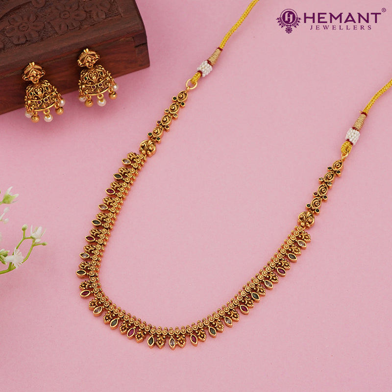 Antique Finish Delicate Petal Motif Necklace Set with Multicolor Stone Drops – 4617
