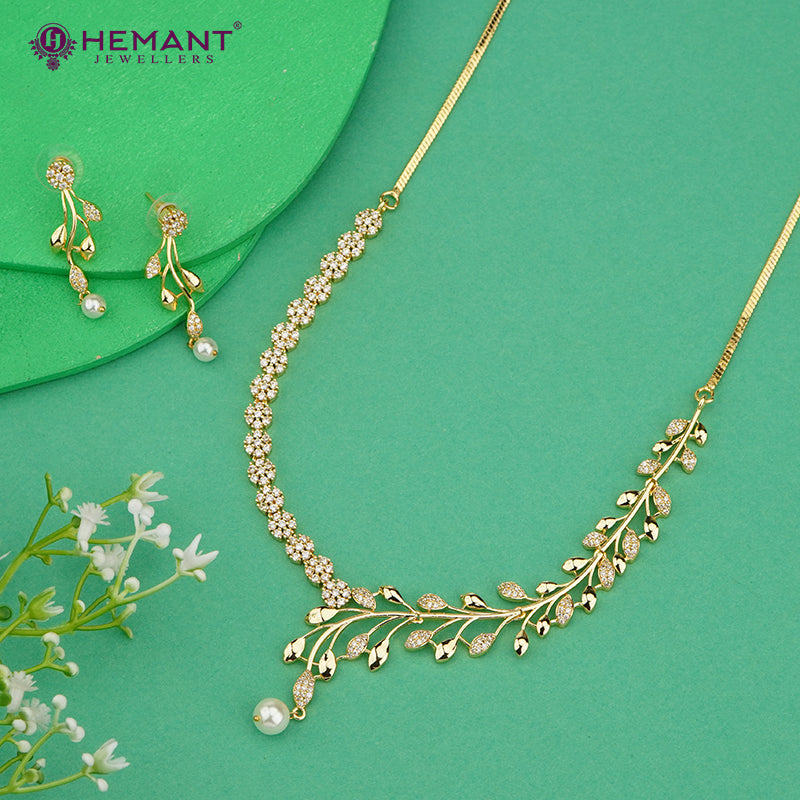 Gold-Finish Leafy Vine Necklace Set with Pearl Drop – 4618