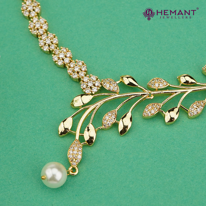 Gold-Finish Leafy Vine Necklace Set with Pearl Drop – 4618