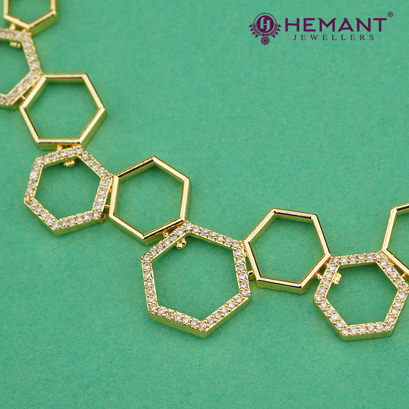 Gold-Finish Interlinked Hexagon Necklace Set with Zircon Highlights – 4621