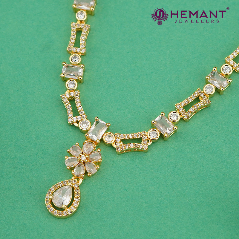 Floral Motif Gold-Finish Necklace Set with American Diamonds & Drop Pendant – 4622