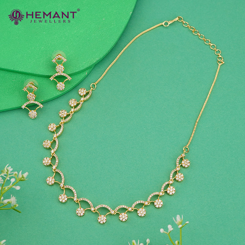 Gold-Finish Arch-Link Necklace Set with Cluster CZ Drops – 4623