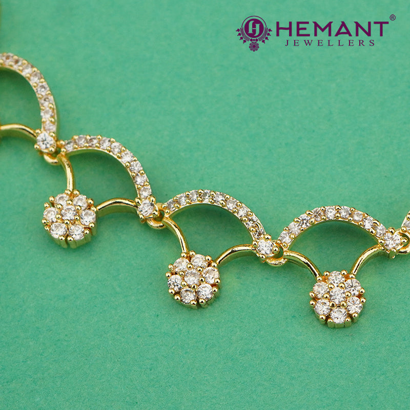 Gold-Finish Arch-Link Necklace Set with Cluster CZ Drops – 4623