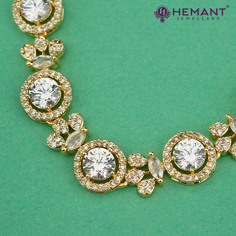 Gold-Finish Designer CZ Necklace Set with Circular Solitaire Accents – 4624
