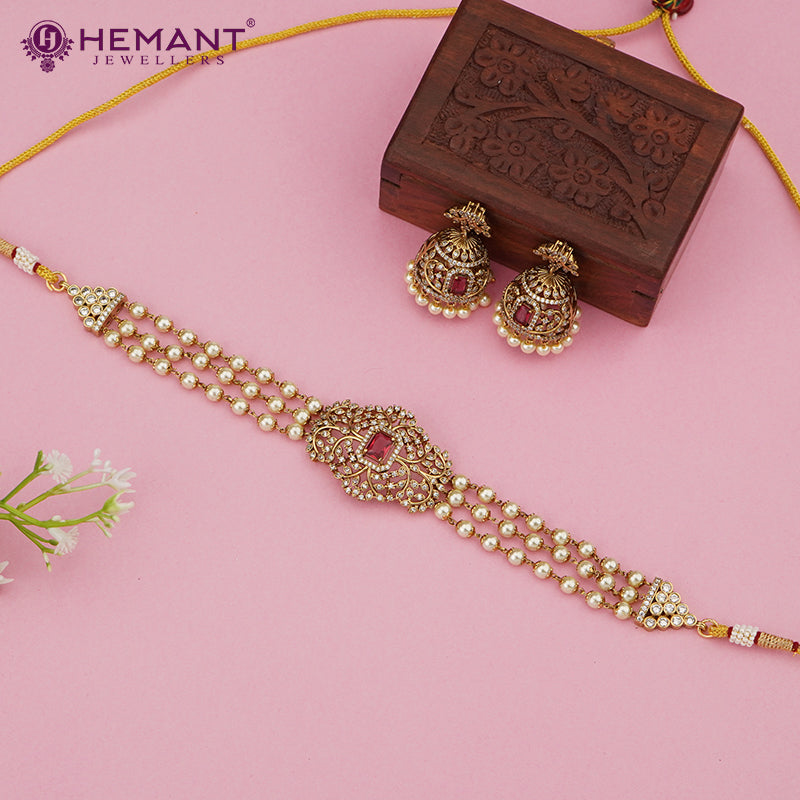 Antique Finish Pearl Layered Chokar Necklace with Ruby-Centered Floral Pendant – 4627