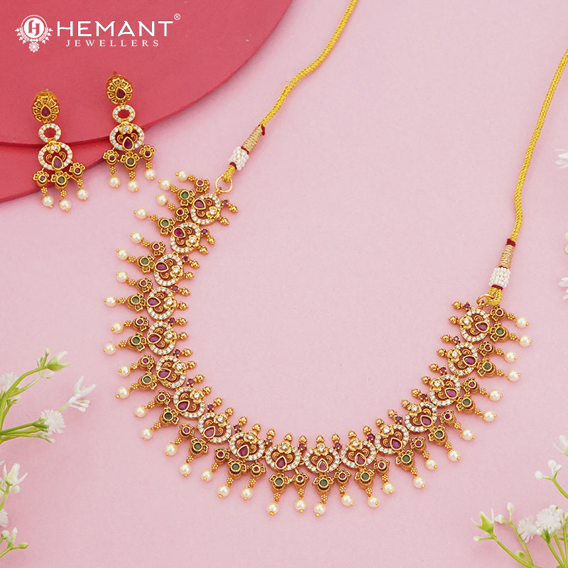 Antique Finish Layered Necklace Set with Lotus and Pearl Drops – 4629