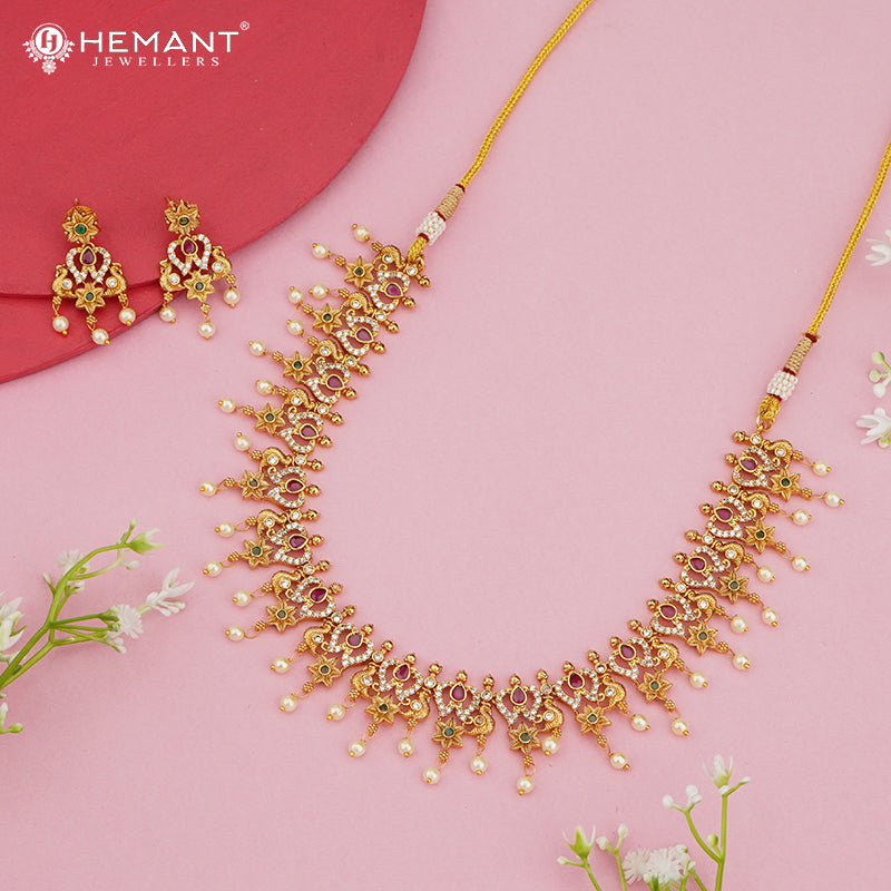 Antique Peacock-Engraved Necklace Set with Star Motifs and Pearl Drops – 4630