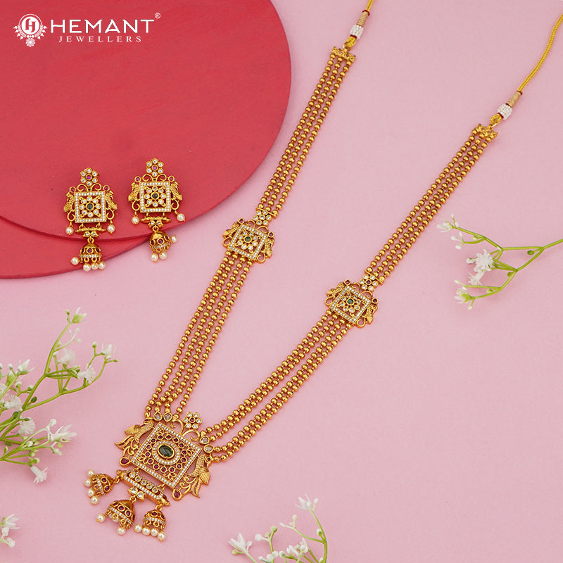 Antique-Finish Long Necklace Set with Square Motifs & Pearl Jhumka Drops – 4631