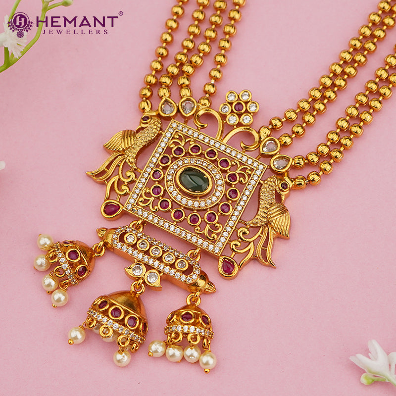 Antique-Finish Long Necklace Set with Square Motifs & Pearl Jhumka Drops – 4631