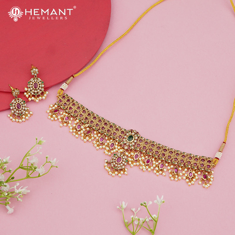 Antique-Finish Wide Choker Set with Ruby-Green Stones, Pearl Drops & Floral Mesh Design – 4633