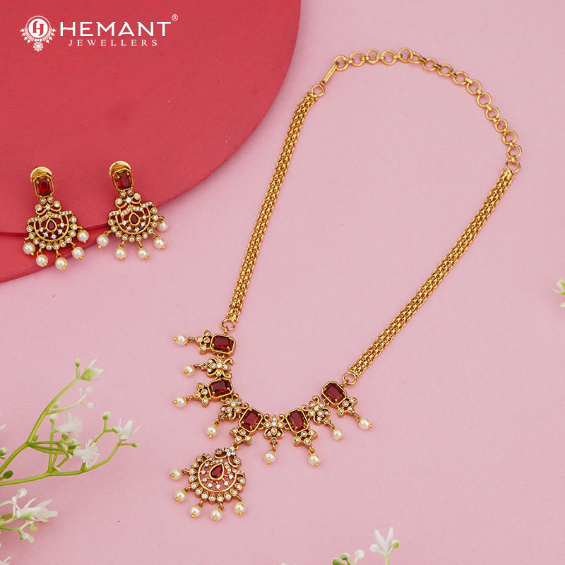 Antique Gold-Finish Red Stone Bridal Necklace Set with Pearl Drops – 4644
