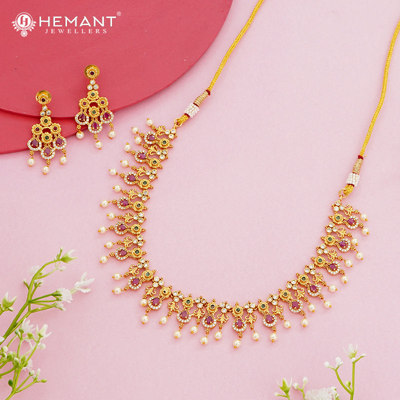 Antique Ruby CZ Floral Necklace Set with Pearl Drops – 4646