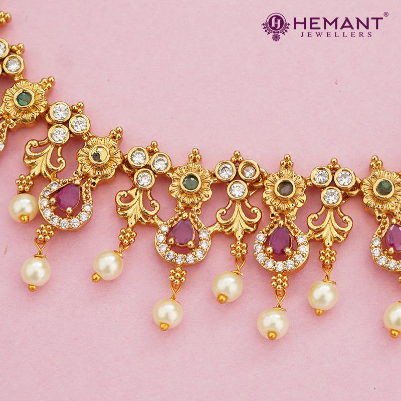 Antique Ruby CZ Floral Necklace Set with Pearl Drops – 4646