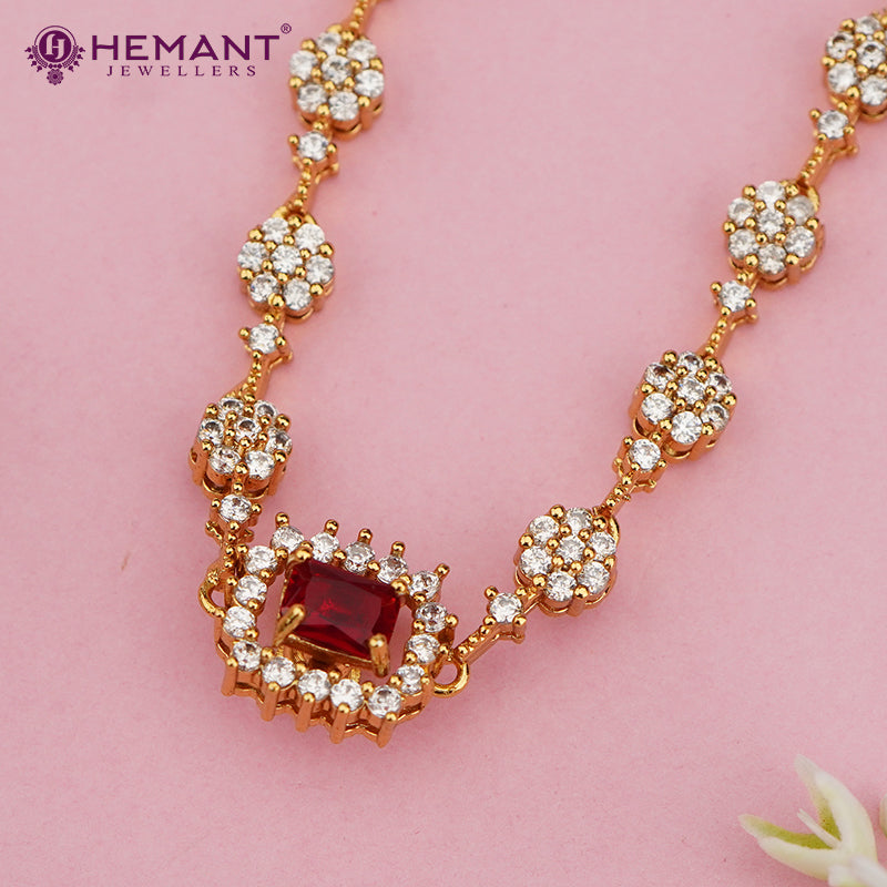 Elegant CZ Cluster Necklace Set with Ruby Red Changeable Centerpiece – 4651