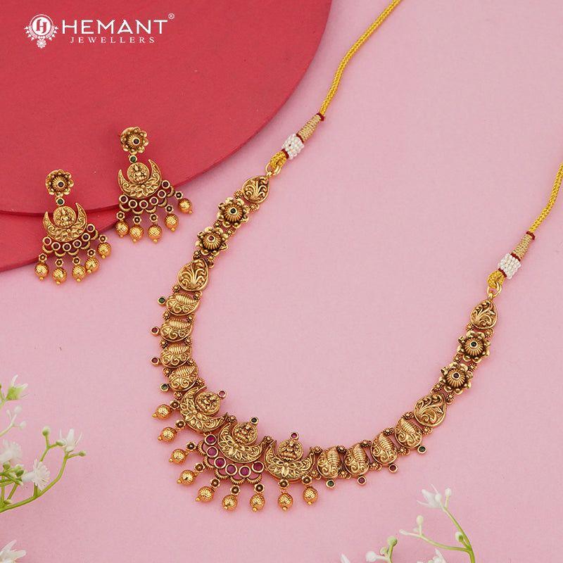 Antique Finish Temple Motif Necklace Set with Ghungroo Drops 4662