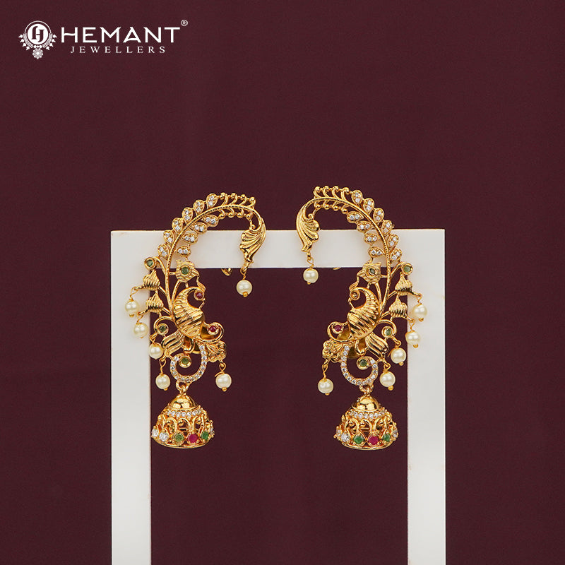 Antique-Finish Floral Vine Earcuff (Kan) with Multicolor Jhumka Drops β 4665