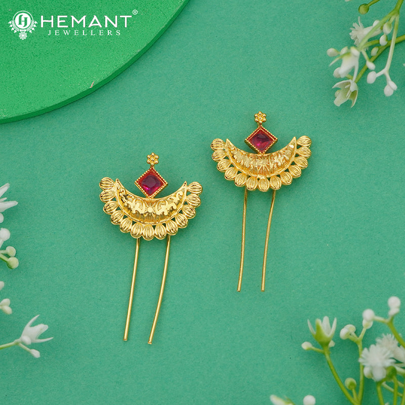 Traditional Maharashtrian Kolhapuri Micro Gold Plated Hair Pin (Ambada Pin) - 4774