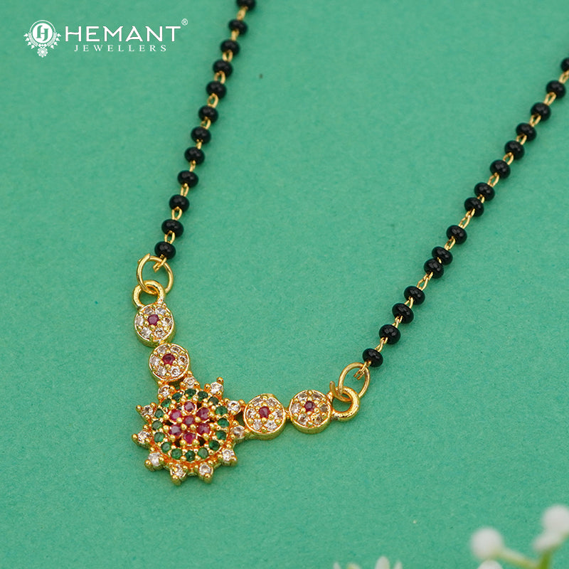Floral Sunburst Pendant 18" Mangalsutra with Ruby-Green CZ Stones & Black Bead Chain - 4891