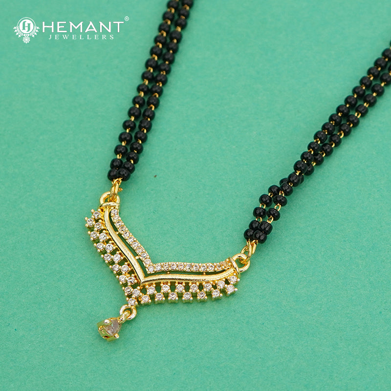 Elegant Double Line 18" Mangalsutra with Designer V-Shape Pendant & Solitaire Drop - 4902