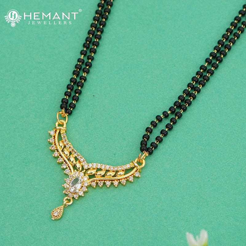 Double Line CZ 18" Mangalsutra with Oval White Stone Pendant & Teardrop Drop - 4903