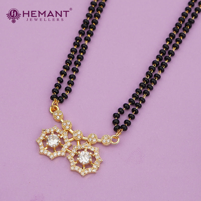 Elegant Two Layer Black Bead 30" Mangalsutra with Floral Diamond-Cut Pendant - 4906