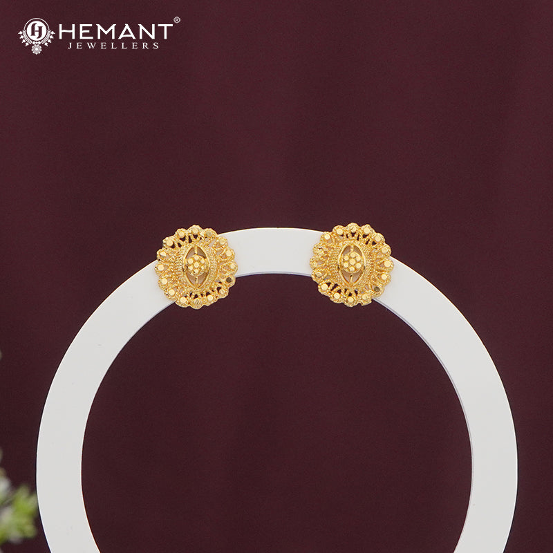 Gold-Finish Round Stud Earrings | Intricate Embossed Design - 4960