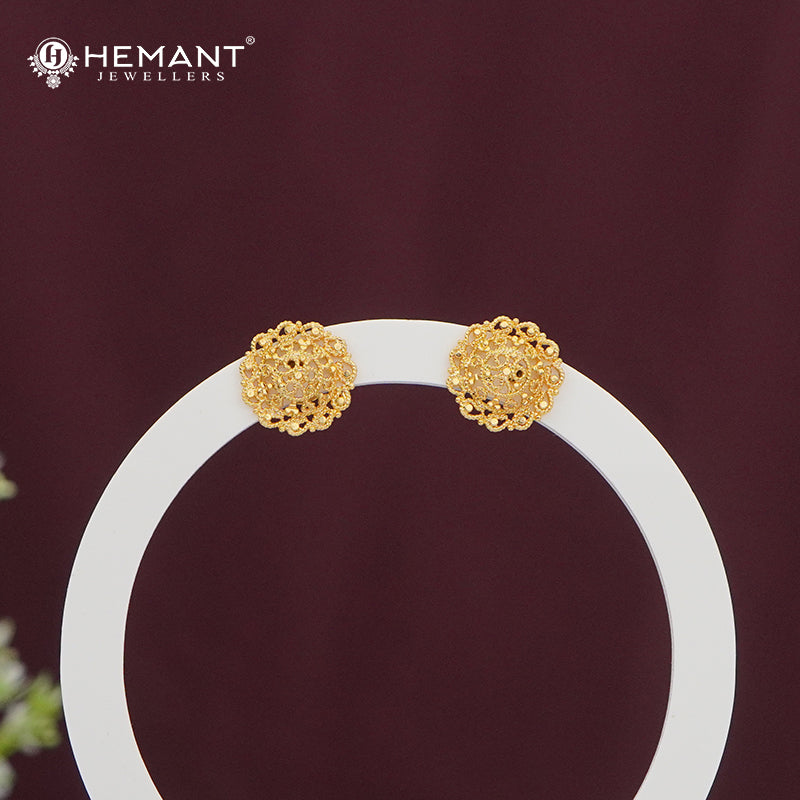 Gold-Finish Round Stud Earrings | Intricate Embossed Design - 4961