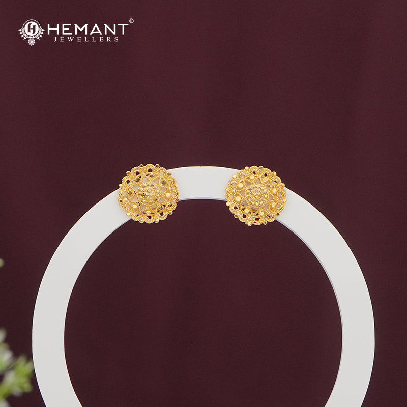 Gold-Finish Round Stud Earrings | Intricate Embossed Design - 4964