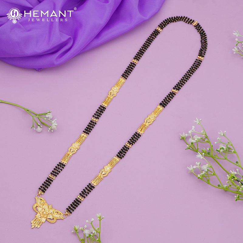 Forming Gold Maharashtrian Long 30" Mangalsutra with Wide Floral Pendant & Carved Golden Bead Segments - 4972