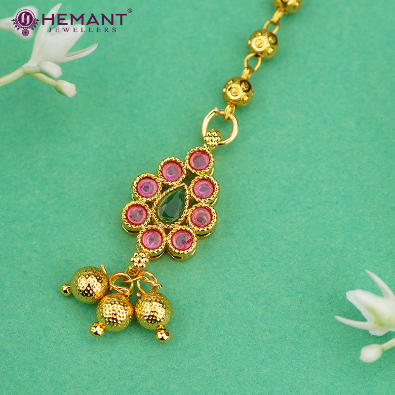 Traditional Pink Stone Maang Tikka with Golden Ball Hangings – 918