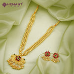 Chex Mani 3 Line Mala with a touch Damaru and Mor/Peacock pendant (with earring)